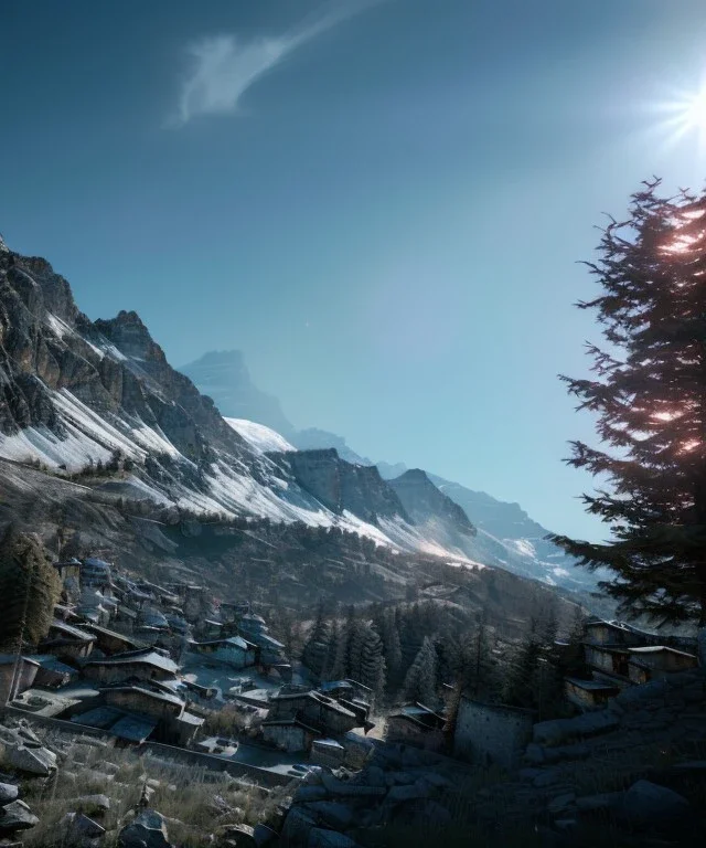 Extreme long shot, Alpes skyline, smooth, god rays, unreal engine 5, ray tracing, RTX, lumen lighting, ultra detail, volumetric lighting