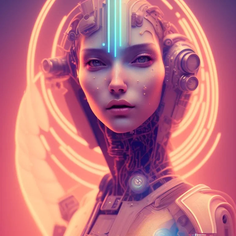 A beautiful portrait of a cute cyberpunk woman, grain on the skin, orange color scheme, high key lighting, volumetric light high details with white stripes and feathers full length clean art NFT, soft lighting, soft pastel gradients, high definition, blender 3d cinematic, op art, visionary art, sacred geometry, fractal, white balanced