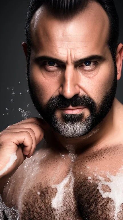 portrait photography of a burly italian man 46 years old into a bath full of milk, unshaved, manly chest, muscular chubby, angry eyes, top view, photorealism, 35mm lens