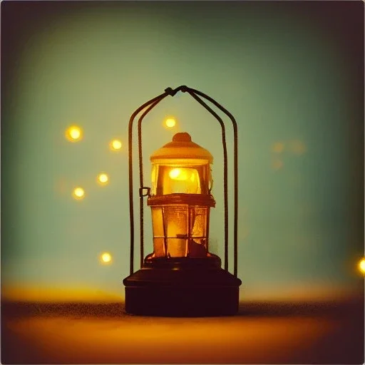 fireflies in a lantern, many ghostly lights inside a belljar, fairy lights, polaroid, symmetry, luminescent glow, moody, tender, photorealistic, octane render, golden hour