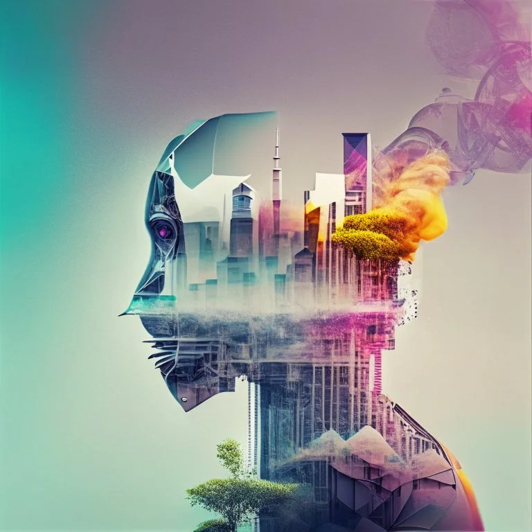 smoke, smog, city scape with pollution, double exposure photography, colourful nature, clean sharp focus, on white background, Fractal Geometry buildings, sacred geometry