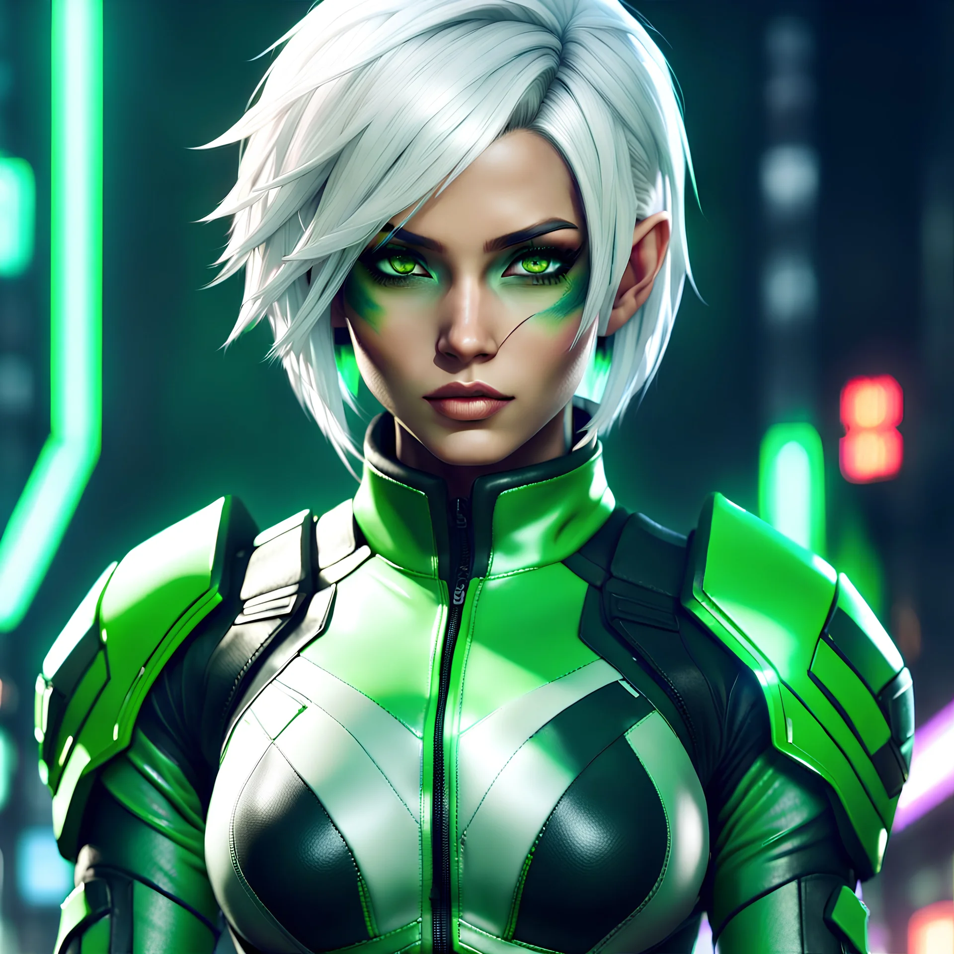 Futuristic Latina white haired soldier, tough beautiful and intense, short hairstyle, green jacket black sportsbra, dark eyeshadow, video game character, anime style