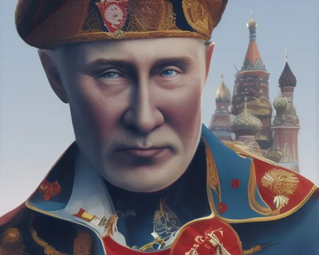 evil Russia president Vladimir Putin is satan with fangs , Moscow in fire