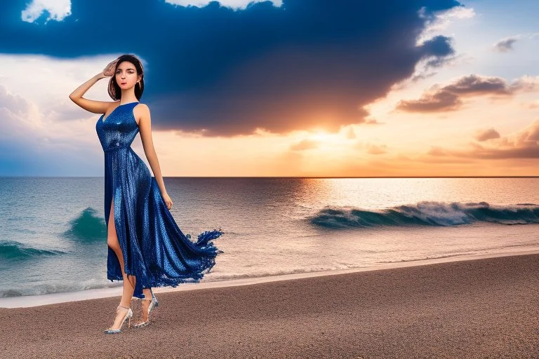 very nice real face beautiful sexy roman with make up at the beach standing pose in a short lace dark blue and silver dress, full body, 3D cloudy sky volumetric nice clouds 8k sharp focus,sunset,golden hour,medium shot