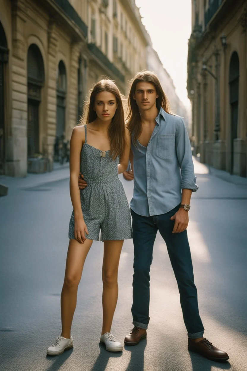 A realistic photo of a Milano in late spring, a pair of inamorato young people on the street, early evening, last shines of sun. Photo taken by Mamiya M645 camera with low-speed film, highly detailed, wide lens