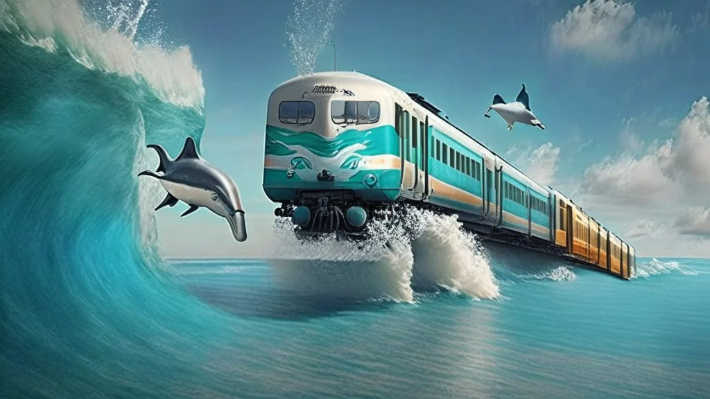 A train to cross the ocean where dolphins are jumping.