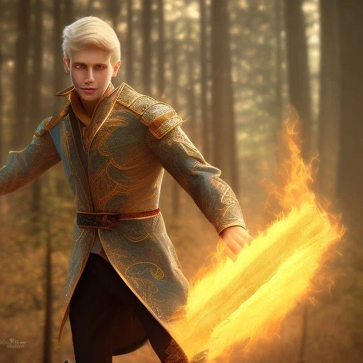 Male, Human, Blond, Sorcerer, Fire Mage, Golden Eyes, Young, Photorealism, Full Body Shot, Forest Background