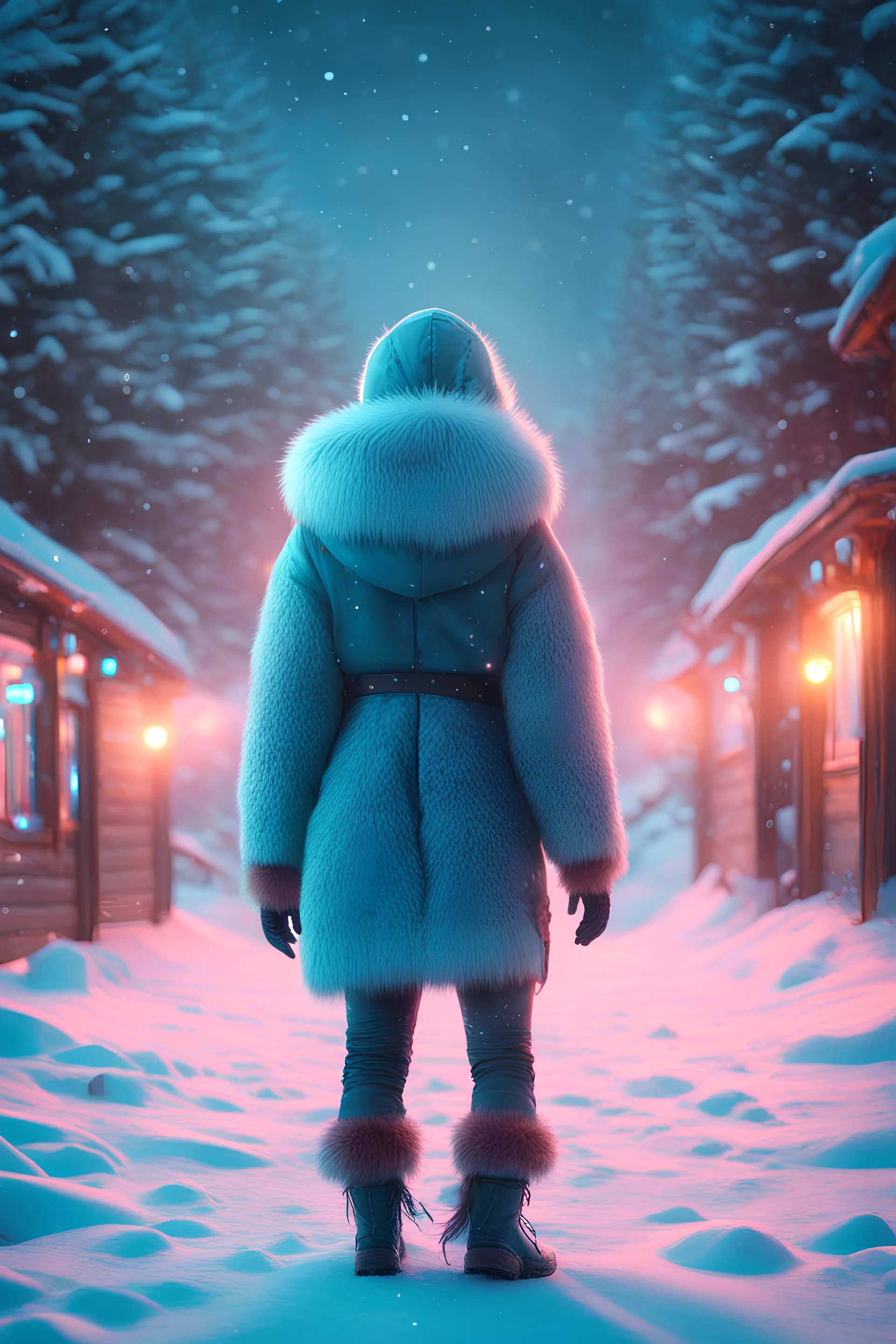 an eskimo walks outside, we see her back, neon lights, winter, snow, fantasy world, 4k