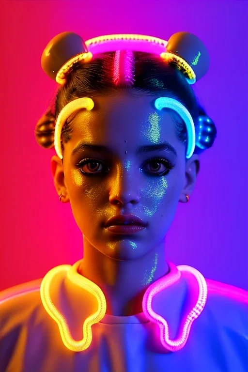 Rosalía artist, Realistic image, natural waist up portrait, perfect eyes, glow eye, black eye liner. sweet face, pigtails hair, spray line make up, glow. lips, gold. big rings piercing, led ornament, pearls. inflatable latex coat, cold, led lights, minimal, neon, pink, blue, gold, vibrant color, highly detailed, art stations, concept art, smooth, unreal engine 5, god lights, ray tracing, RTX, lumen lighting, ultra detail, volumetric lighting, 3d, finely drawn, high definition, 4k.