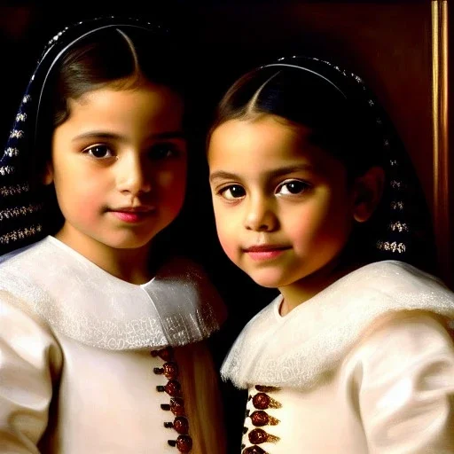 portrait of sisters Eira Santiago Arnau 10 year old and Dalia Santiago Arnau 6 year old by Velazquez,smiling, oil on canvas, cinematic composition, extreme detail,8k,fit full head inside picture,