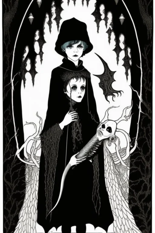 7 year old boy, necromancer, friendly, looks dead,with a long lamprey emerging from his belly , wearing black robes, in the style of Harry Clarke