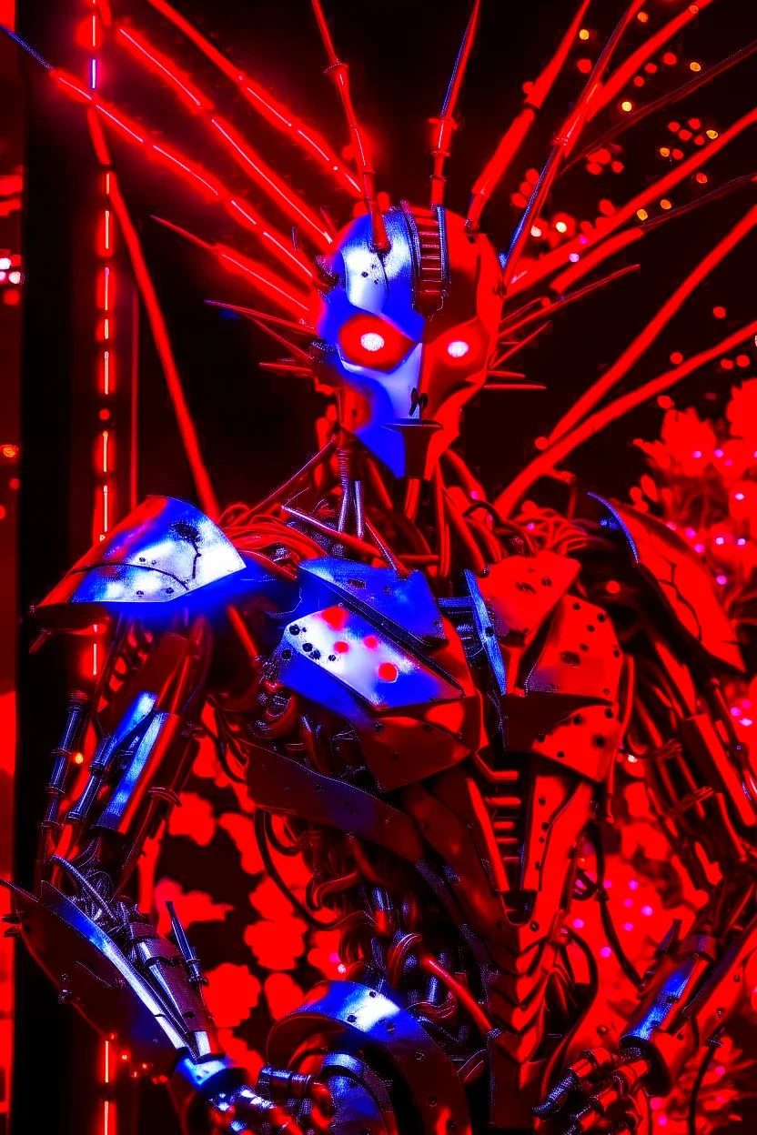 A humanoid being made entirely of sharpened metal blades and spikes with glowing red eyes stands before a mechanical tree. Photograph.
