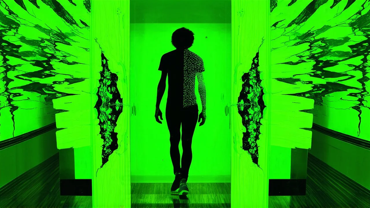 A person walking into a mirror, their body splintering into fractal shardsoutsider art, calotype combineted lime green and random color