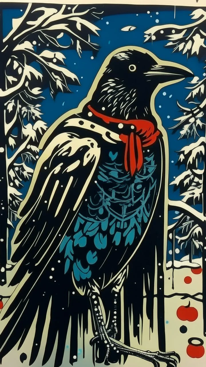 A contemporary serigraphy by Matisse of a human-like crow adorned in a punk leather jacket within a snowy Christmas atmosphere.