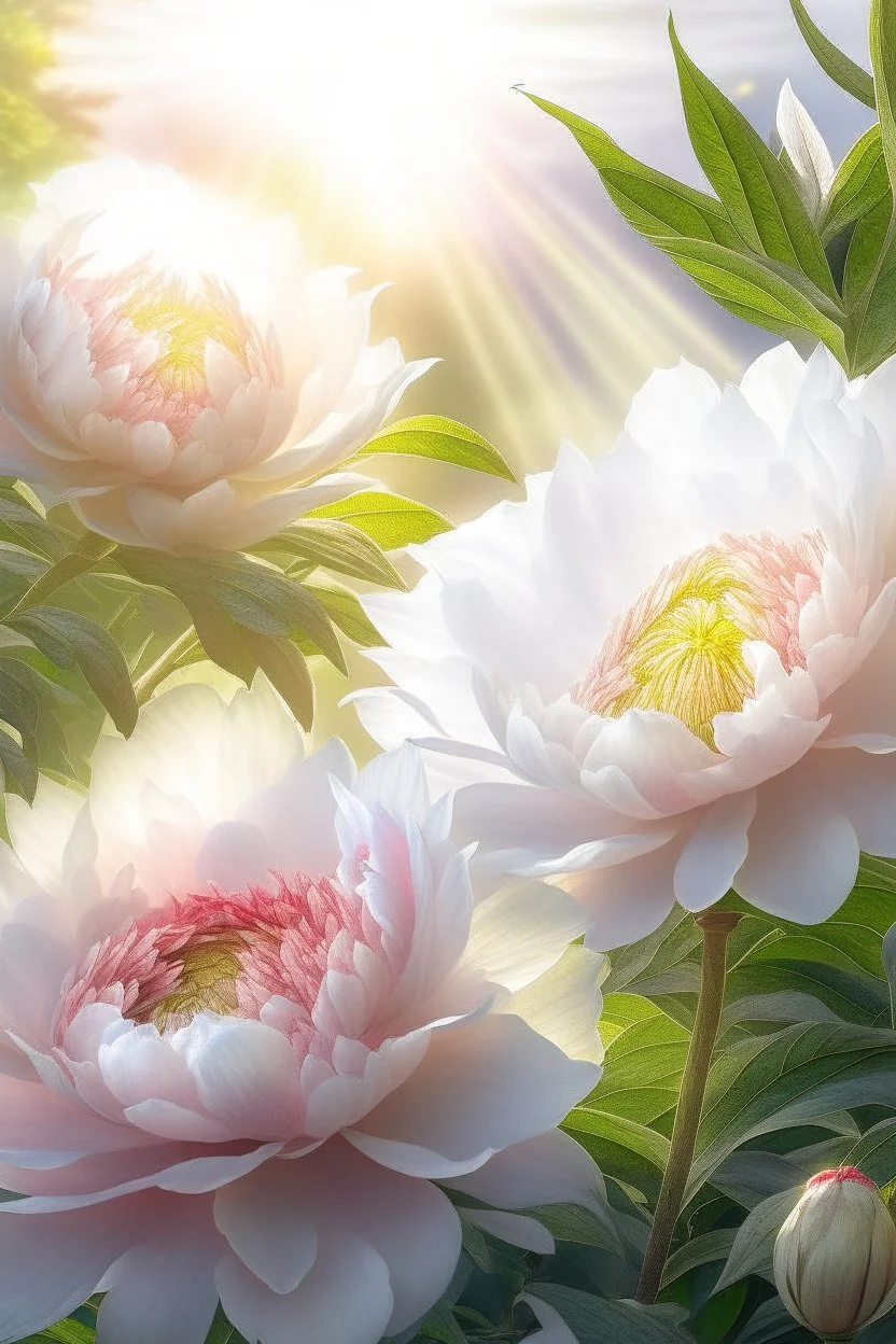 Dawn sunbeams on a lush bush of pale pink and white peonies sunbeams through the petals a large bright silver-white bird with a scarlet crest sings its spring song fog drawing with multicolored ink hyperdetalization filigree work of art iso 3000 k3000 clear focus high resolution super detail hyperdetalization is beautiful bright lighting high quality rendering of all details professional photo strong contrast backlight overfocus k3000 iso 3000