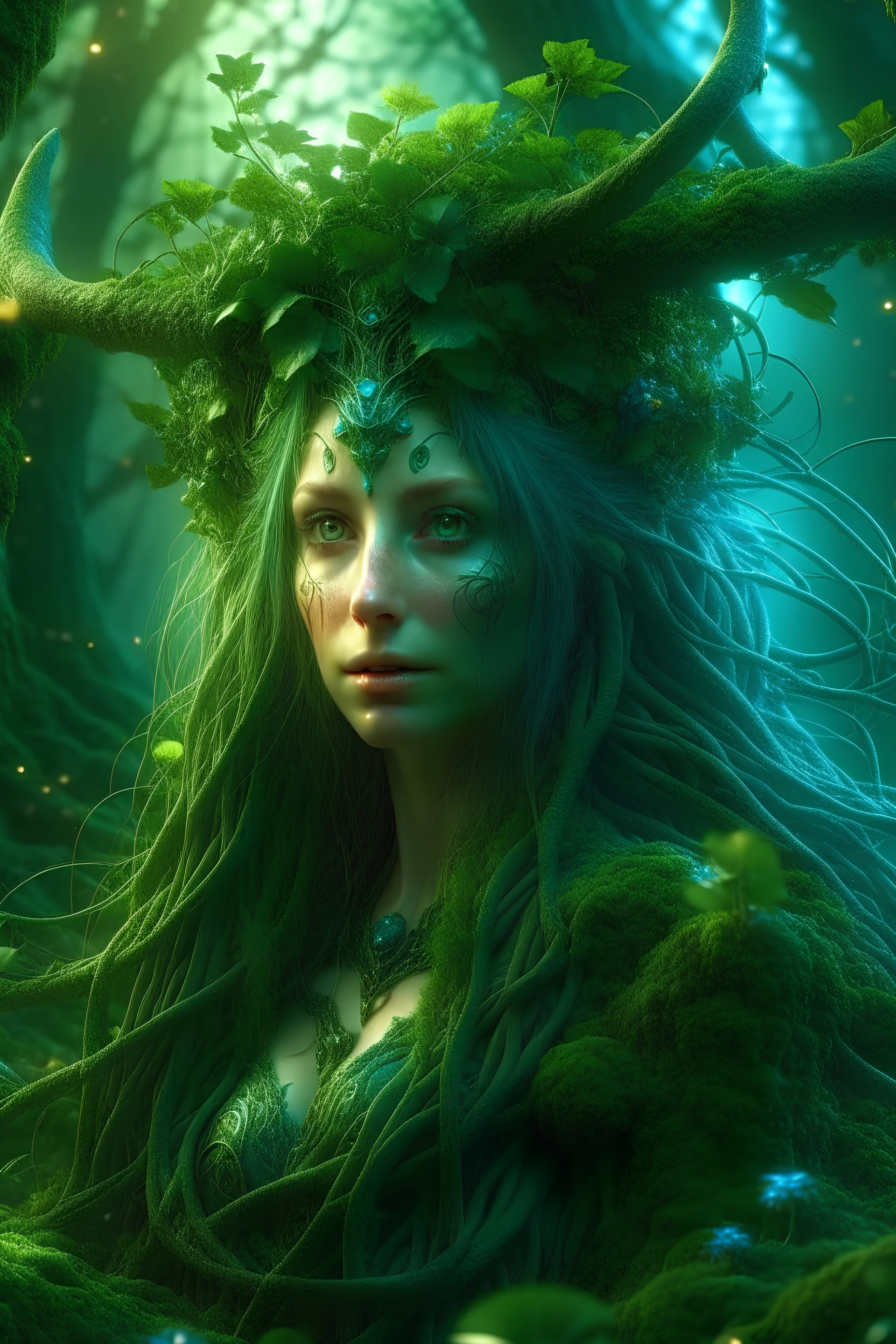 8K Ultra HD, highly detailed, we are transported to a mystical forest where the enigmatic beautiful Nature Witch resides, At the center of the painting stands the beautiful Nature Witch, a striking figure of ethereal beauty, Her presence is an embodiment of the very essence of nature itself, She has flowing, emerald-green hair that appears to be woven from the very vines and leaves that surround her, Her eyes, as deep as the forest itself, radiate a gentle wisdom and connection to all living thi