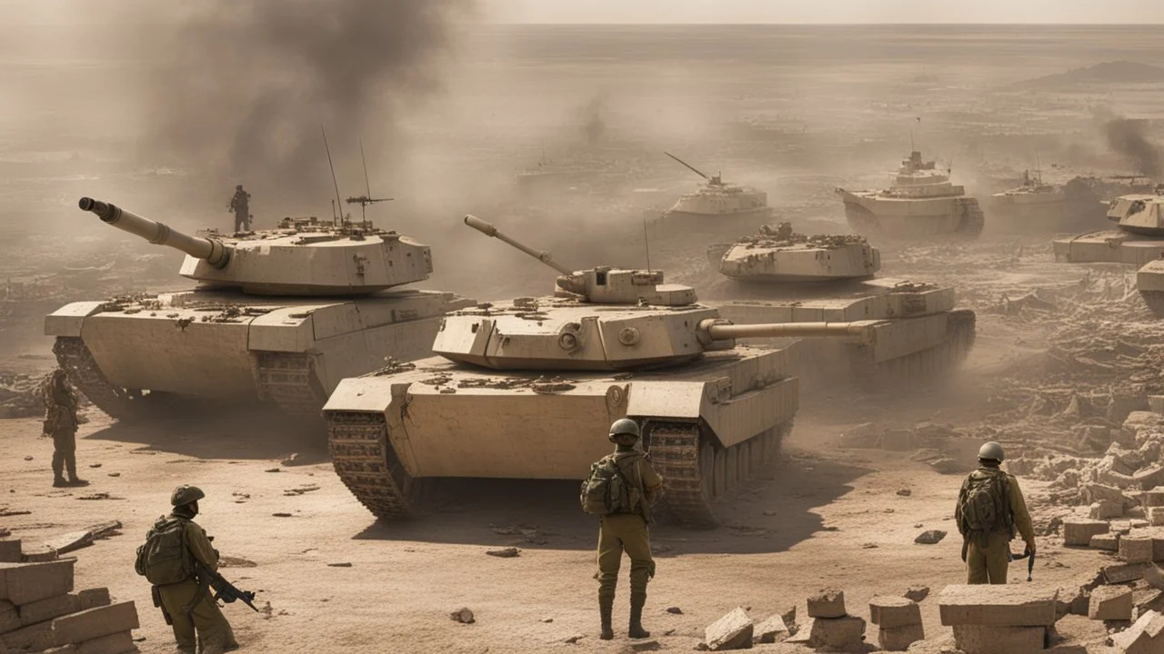 Israeli soldiers and tanks stand on a very large chessboard in the middle of a destroyed city