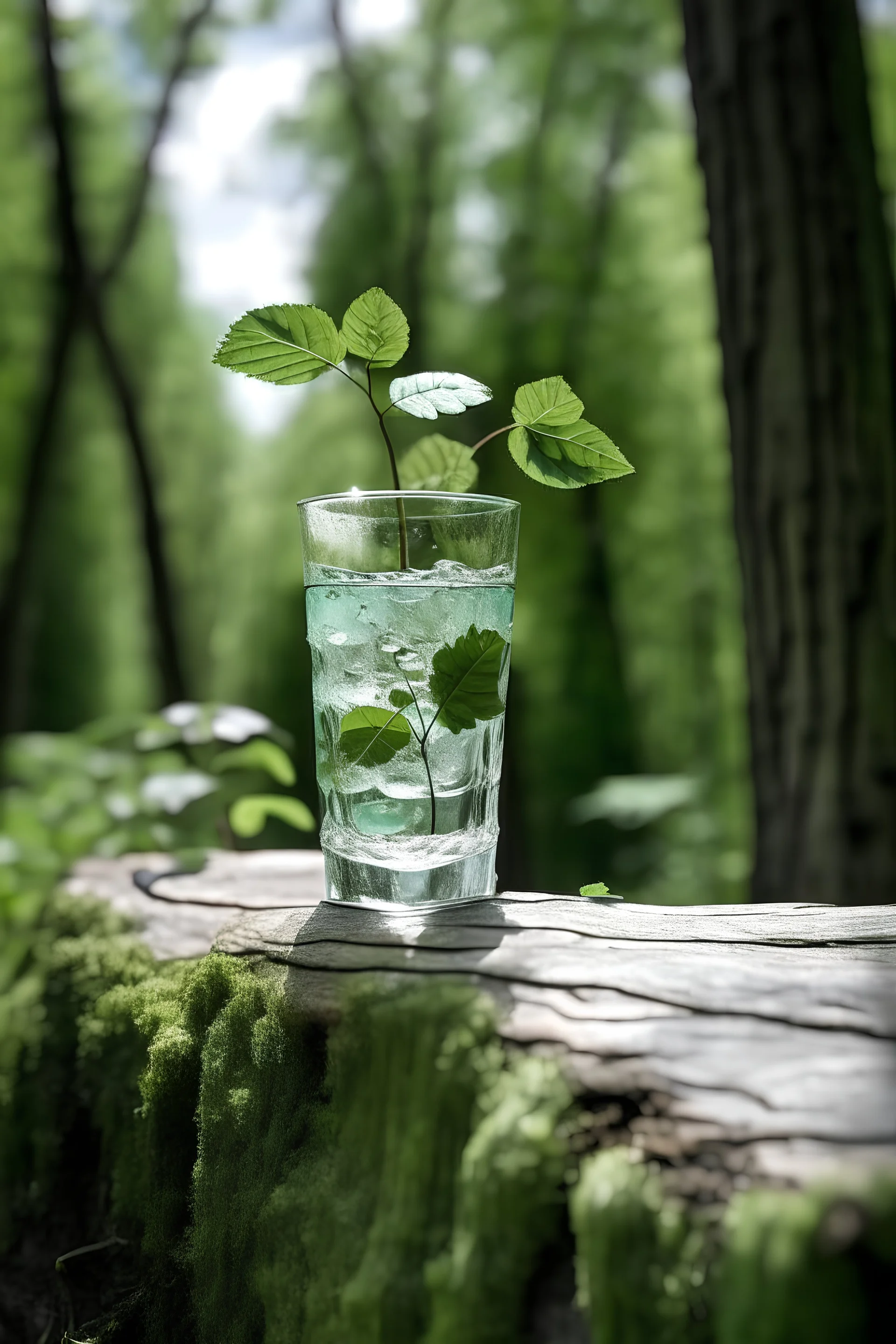Mint water glass on a tree trunk in nature, white background