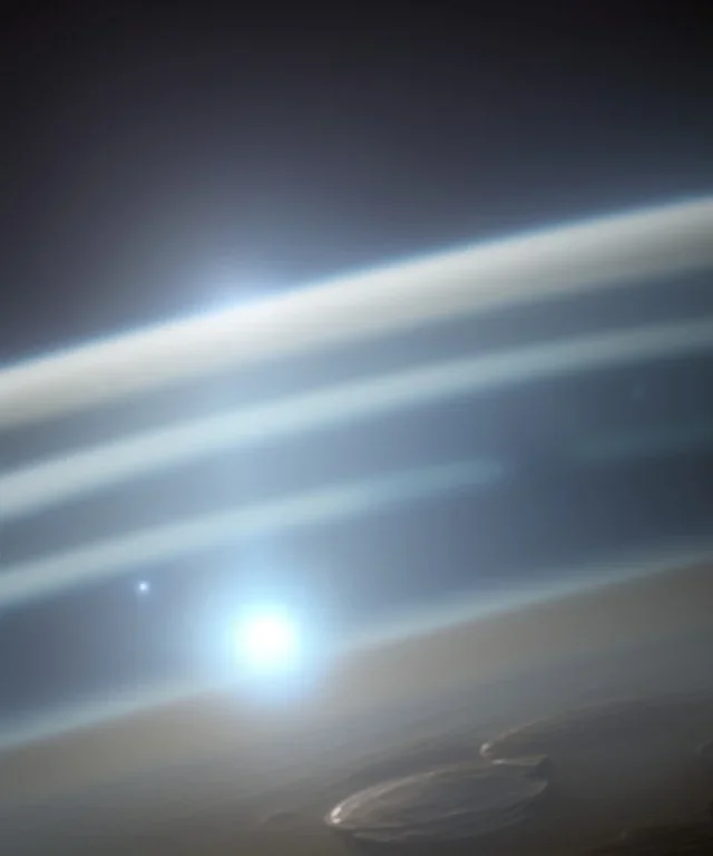 cloudy planet, planet shot from space, beam of light stretches across