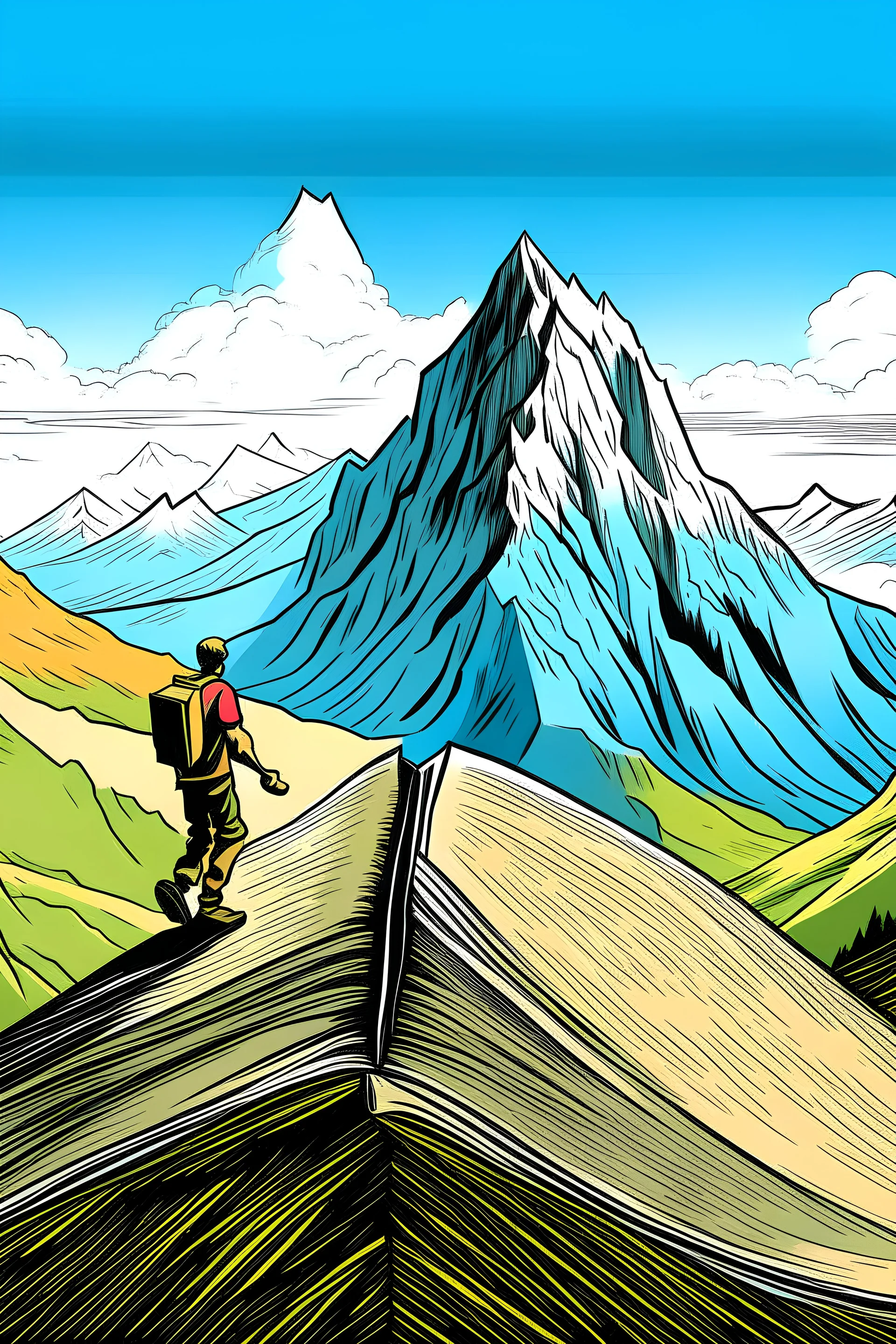 comic book of a book turning into a mountain with a hiker