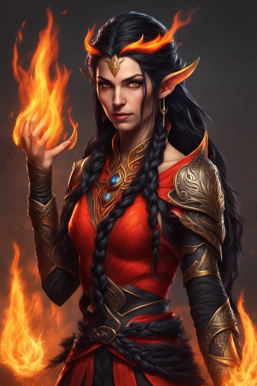 Visualize a fierce eladrin druid with blazing jet-black hair, each strand seemingly on fire, conjuring flames with her hands. Her eyes, a bright red that shines with a fiery intensity, add to the dramatic display of elemental power. The flames dance within the intricate half-braided, cascading hair, creating an entrancing spectacle. Clad in minimalistic armor, she channels magic and fire, a notable scar on her face revealing battles fought.