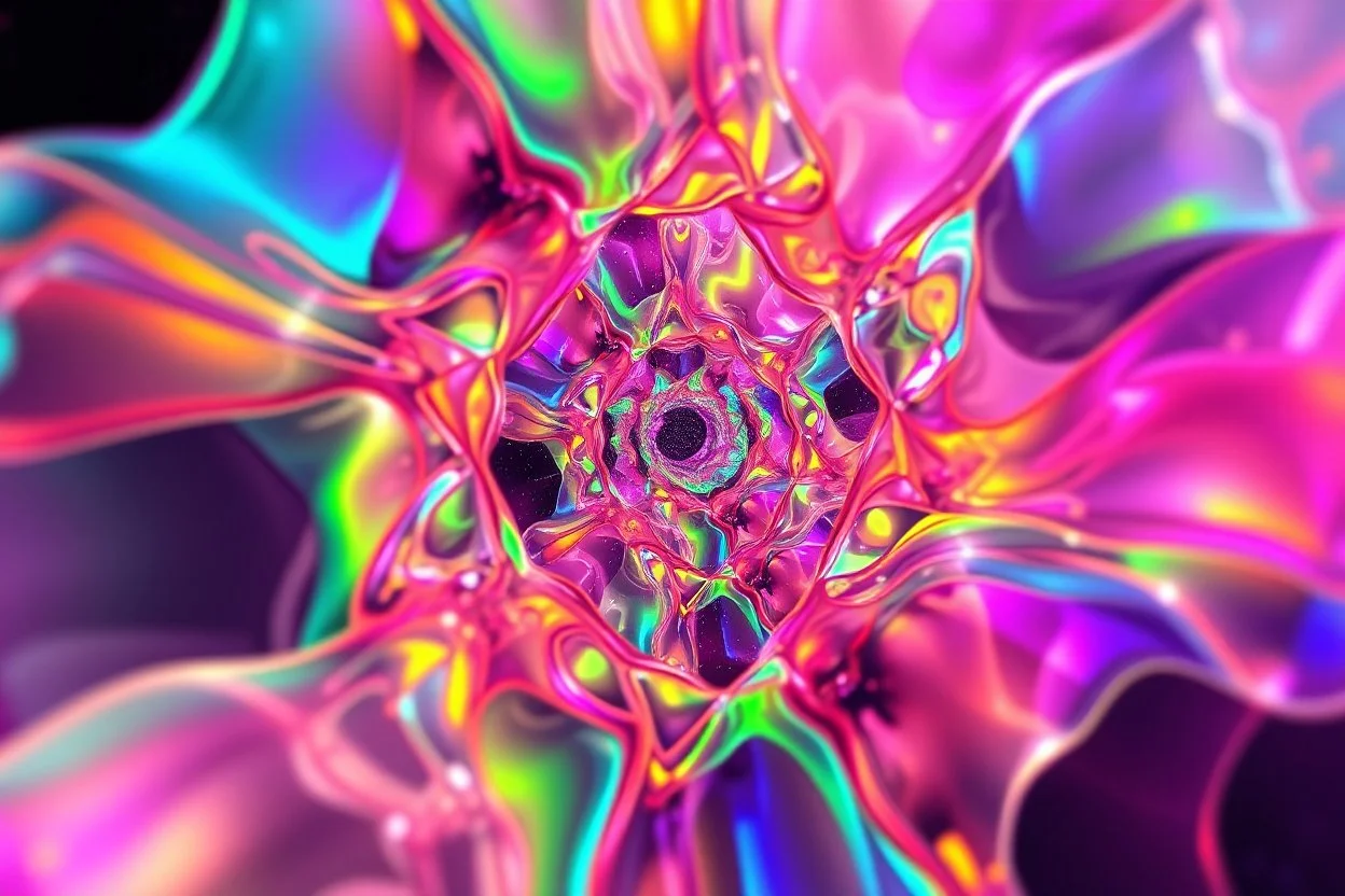 picture of create A hypnotic loop of colored translucent 3D recursive structures evolving and morphing, fluid geometry shifting between organic and geometric forms, iridescent glass material with internal glow,instances must have random translucent matrial smooth camera orbit, galaxy background, seamless motion, cinematic lighting, generative art style, 4k.do with geo nodes zoom out to show whole image