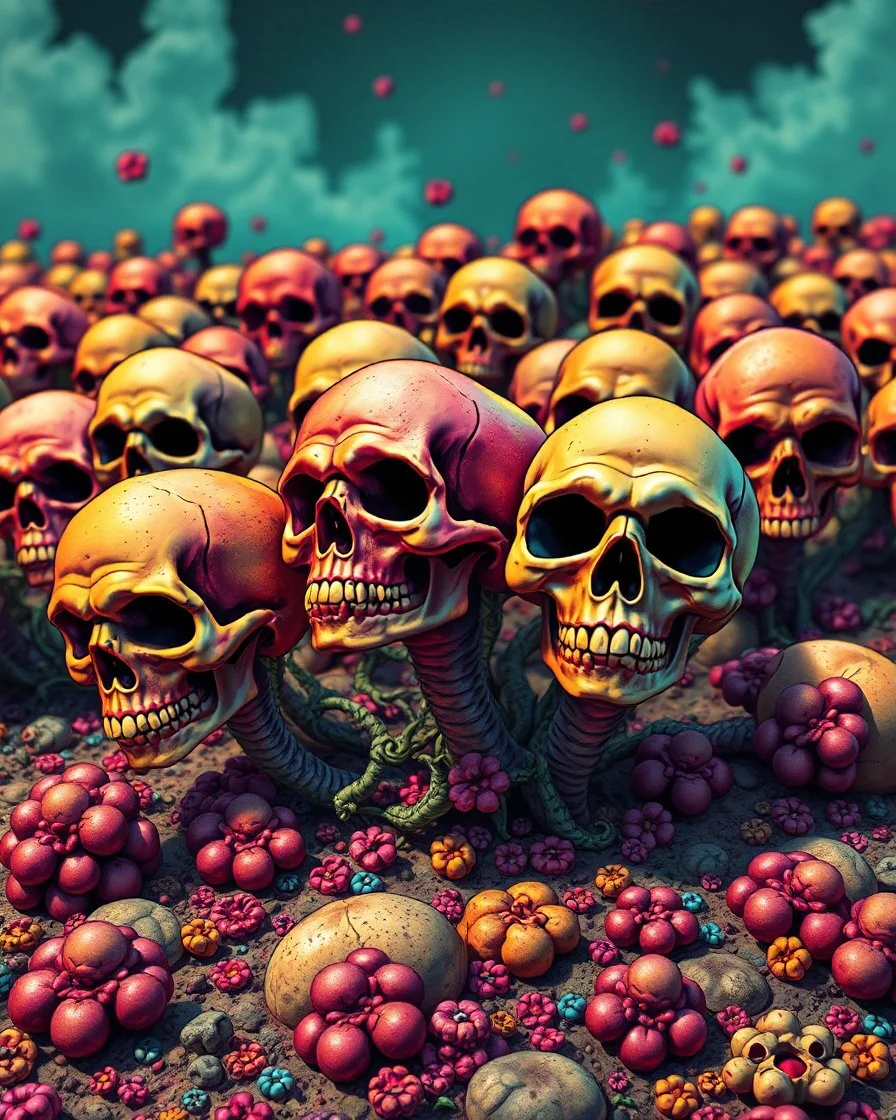 a field of skulls growing from the ground like fungus, multi colored, bright, vivid, psychedelic high detailed, matte, bunches and bubbled up clumps, horrorcore, vines