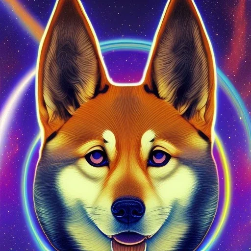 third eye ascension shiba inu doge with heaven glowing aura Q anon far away galaxy