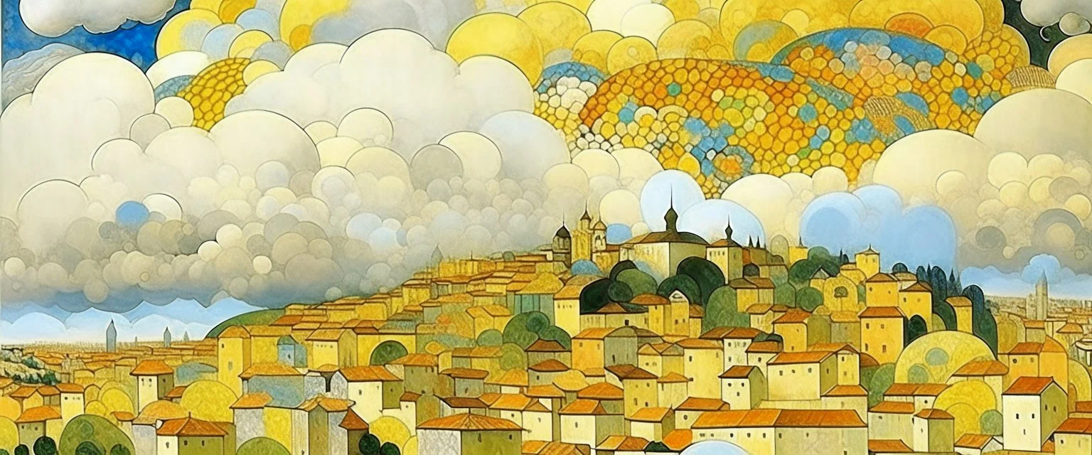 A white Arabian city in the puffy clouds painted by Gustav Klimt