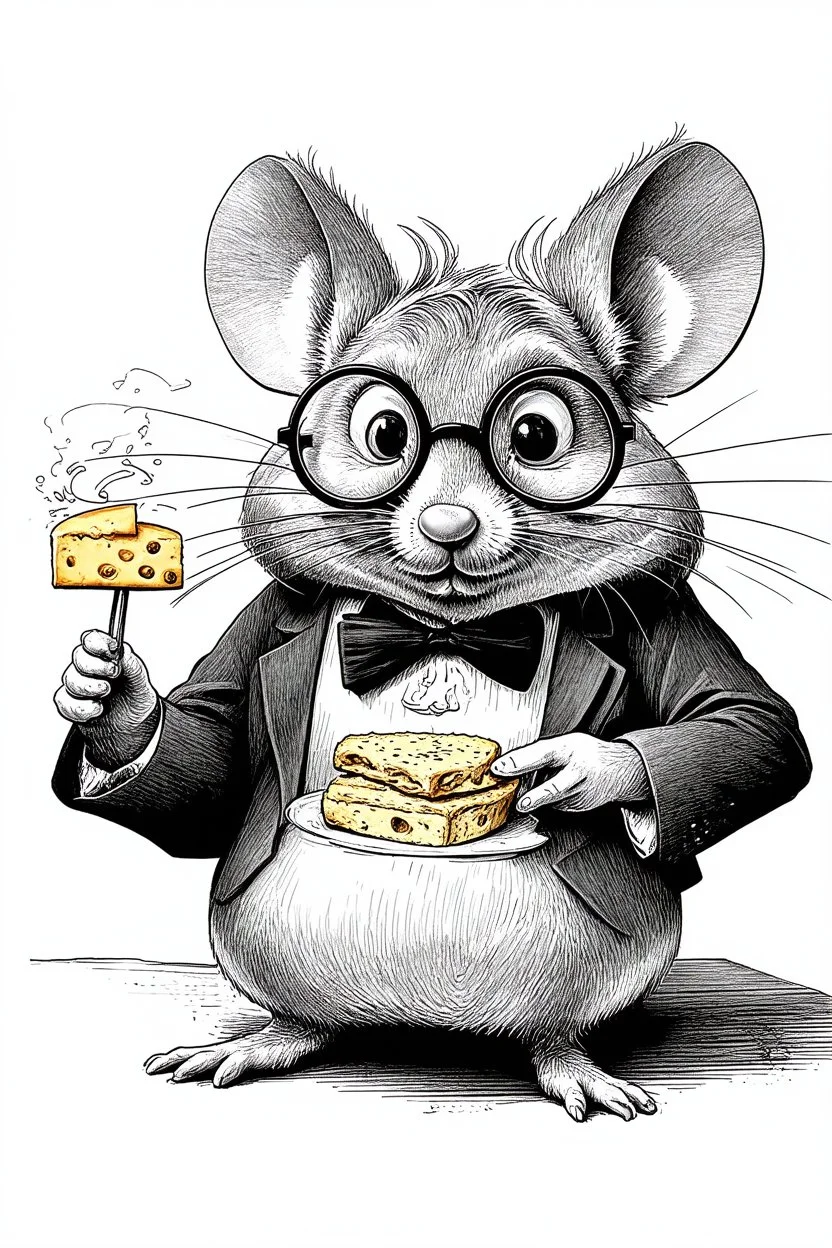 - “Mr. Whiskers McStreusel crazy old mouse with big nose doing magic inside his magic cheese shop, a wiry fellow with wild white hair and glasses so large they practically covered his whole face.” charcol sketch on white background