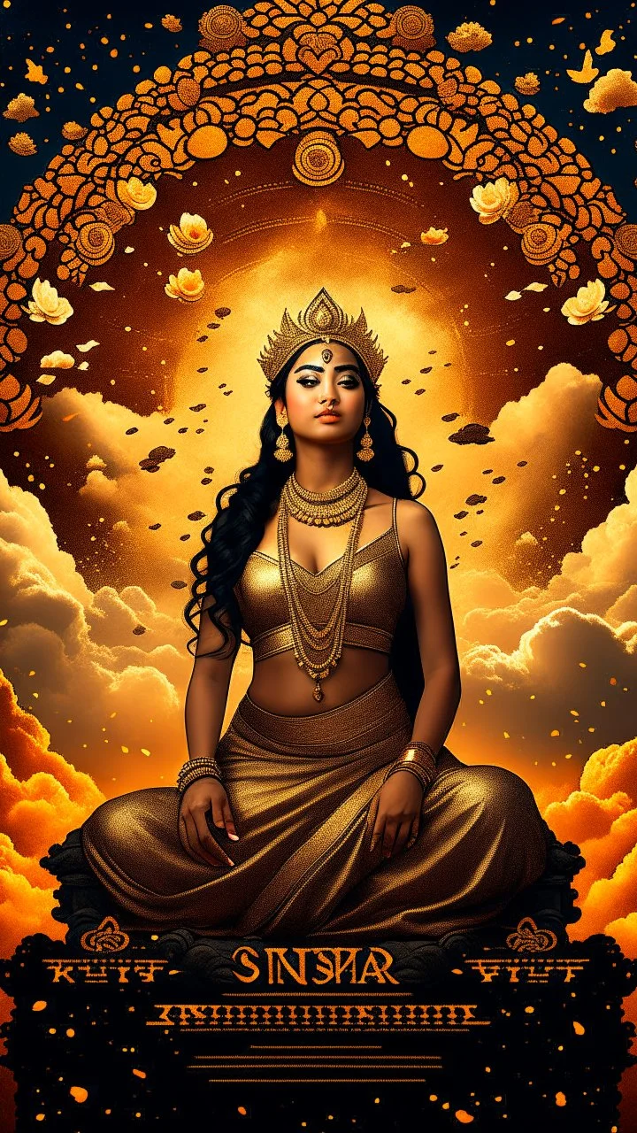 (((goddess lakshmi ,magic, explosion power,108 heavens))), masterpiece , portrait photography,dreamy,gold coins falling sky with crescent moon, celestial bodies, simplified, concept art by Lampu Kansanoh, (an Asian kombucha goddess) golden ,red, blue and black color scheme, billowing clouds, HD quality, art design garment printing.Cinematic lighting ,hyper detailed,1024K