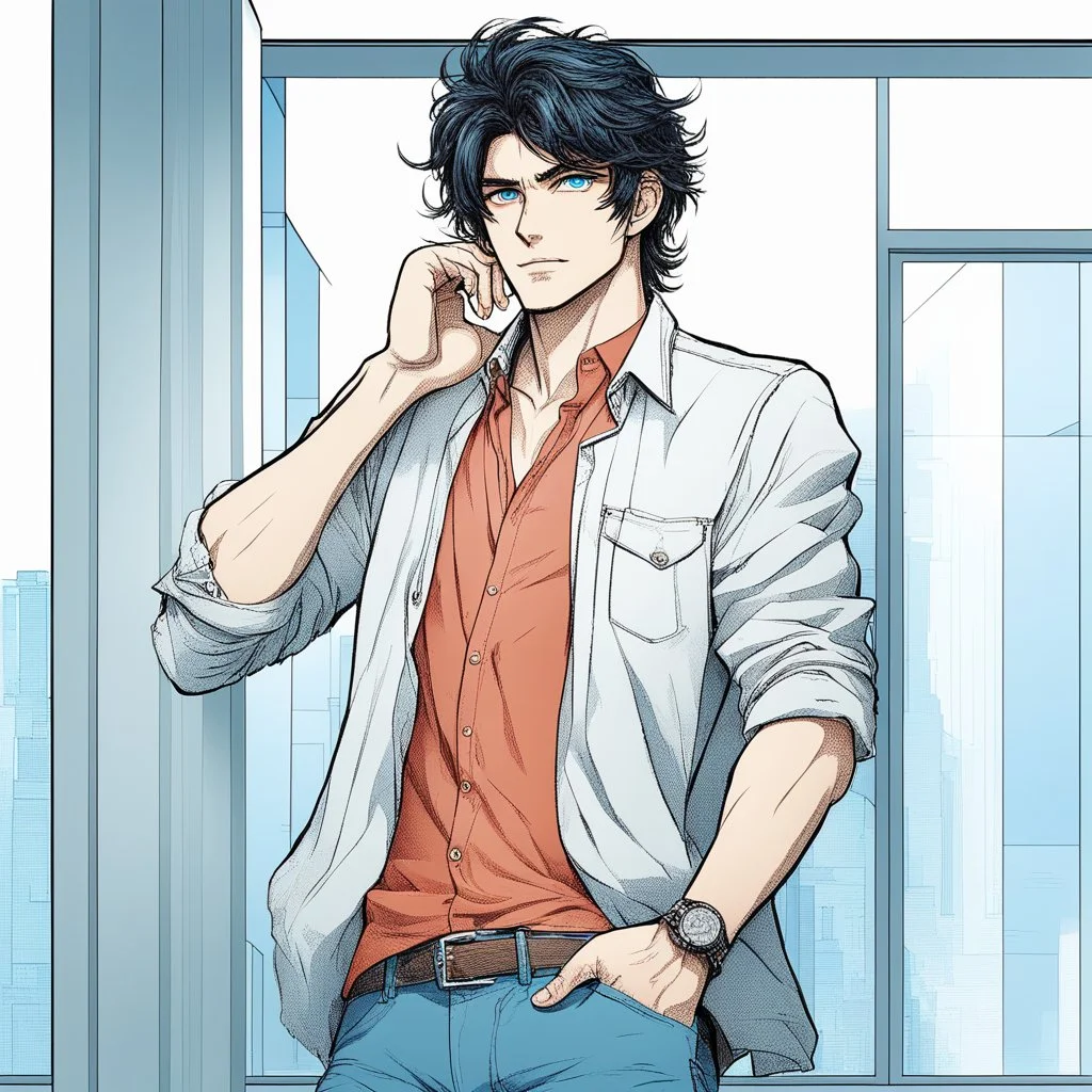 A confident handsome man with messy black hair and blue eyes, wearing casual, modern attire, colored manga style, intricately detailed,