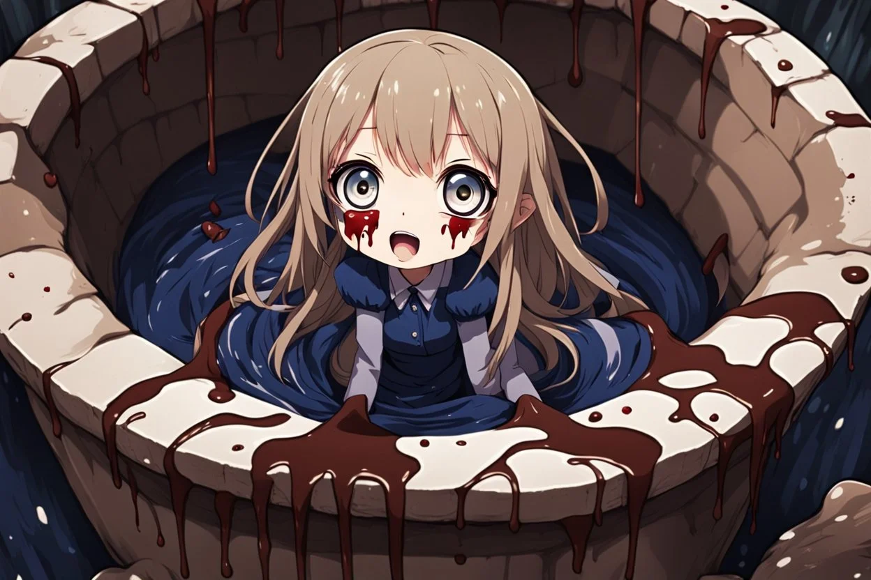 Anime girl with big eyes, darkblue and sepia tones, fullbody, slime, the perspective looking up from the bottom of an empty well, rolling eyes, tongue out, blood drip, open mouth,