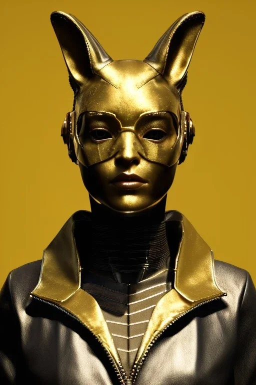 Medium Close Up Portrait, Front image. cyberpunk, rabbit mask, sweet woman, gold hair. Leather, feather suit. Yellow, red, color. Versace style. Color background, photo studio. Avatar image, highly detailed, concept art, smooth, unreal engine 5, ray tracing, RTX, lumen lighting, ultra detail, volumetric lighting, 3d, finely drawn, high definition, high resolution.