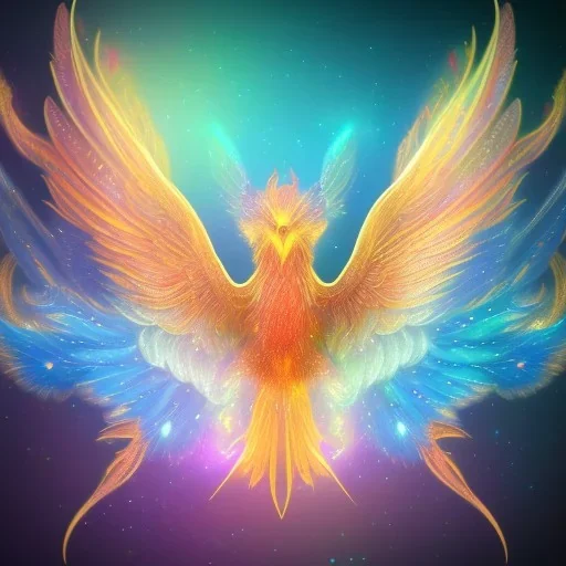 a detailed illustration of a phoenix with shiny blue wings and long glowing sparkly body, luminescent body, glinting spread wings, realistic, soft and smooth glowing wings, soft feathers, macro lens, sharp focus, meticulously detailed, soft studio lighting, smooth blurred gradient background, twinkly eye, 64k, kind, sweet