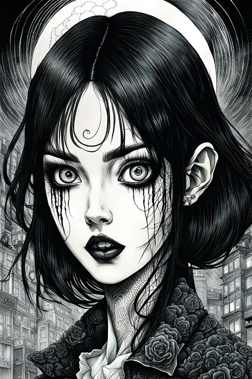 create a horror manga illustration of a dark haired, savage, ancient vampire girl with highly detailed , sharply defined feminine facial features, in a chaotic, turbulent, otherworldly London in the manga style of Junji Ito, precisely drawn, inked, with dramatic edges,