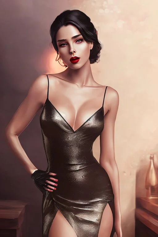 Most beautiful gorgeous bartender black sheer simple split dress, ((red lips, intimate, appealing)), creamy smooth thigh exposed, perfect proportions :: beautiful black eyes :: ((bar background, dim lighting)) :: head and shoulders portrait, ruins, little smile, 8k resolution concept art portrait by Greg Rutkowski, Artgerm, WLOP, Alphonse Mucha dynamic lighting hyperdetailed intricately detailed Splash art trending on Artstation triadic colors Unreal Engine 5 volumetric lighting,