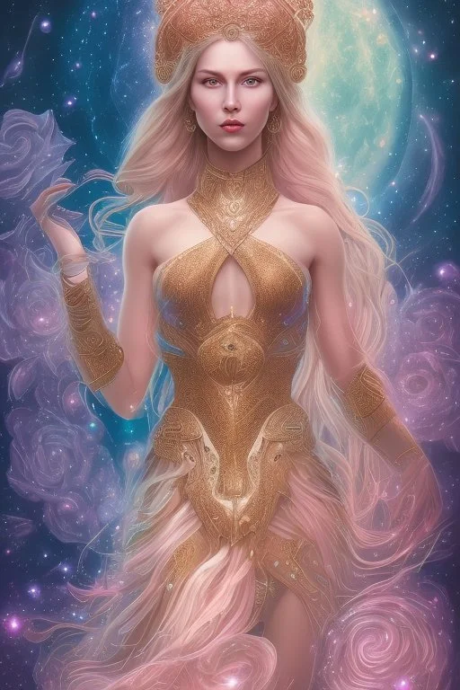 Create an image of a full body cosmic Goddess. The goddess should be depicted as a beautiful and powerful figure, surrounded by cosmic stars. Her hair should be long, blond and flowing, and she should be dressed in a flowing gown blue celestial robe. In the background, include imagery of pink flowers, blue sky,trees. The image should evoke a sense of joy, celebration, and spiritual connection to nature.