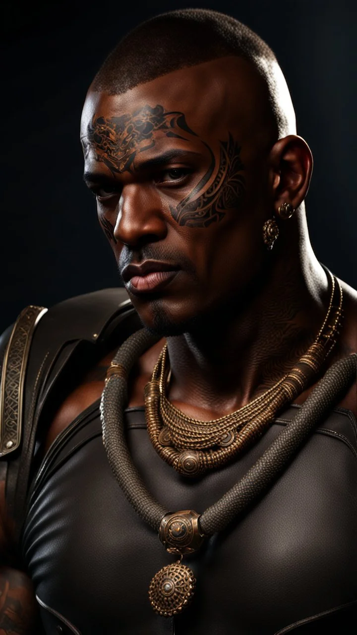 portrait of a 35 year old Handsome muscular mercenary with dark bronze skin adorned with tattoos. photorealistic