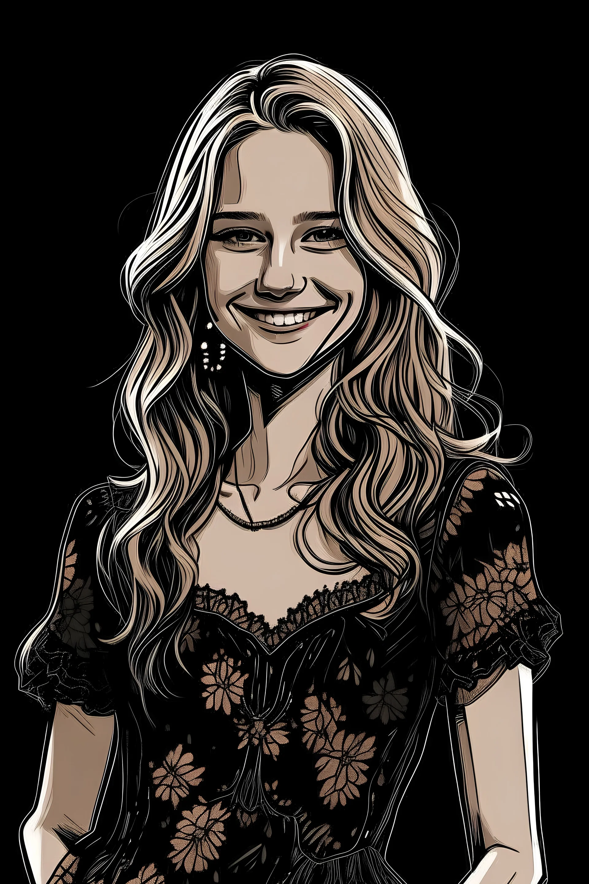 A girl in her late twenties, with slightly sharp features, long blond hair and hazel eyes with a happy smirk, wearing a Chanel dress, with a rustic look, sketch, on a black background