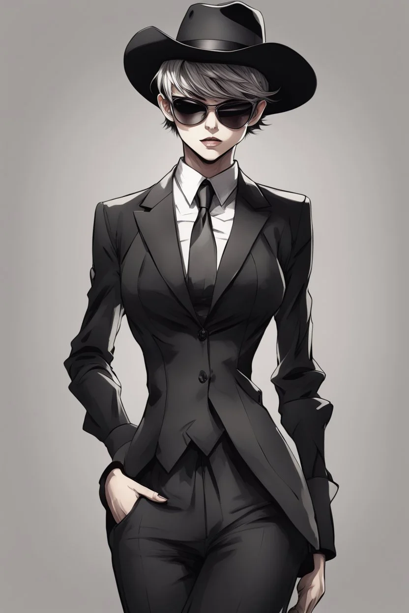 manga, anime, drawing, art, cartoon, perfect body, perfect hands, perfect face, perfect eyes, perfect arms, perfect cowboy hat, mafia woman, female mafia,, short hair pixie cut shaved side, black suit and tie, sunglasses, badass, cool, attractive