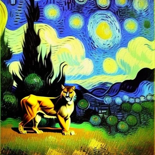 Dibujo al oleo de un puma con su cría en el bosque con nubes estilo Vincent van Gogh