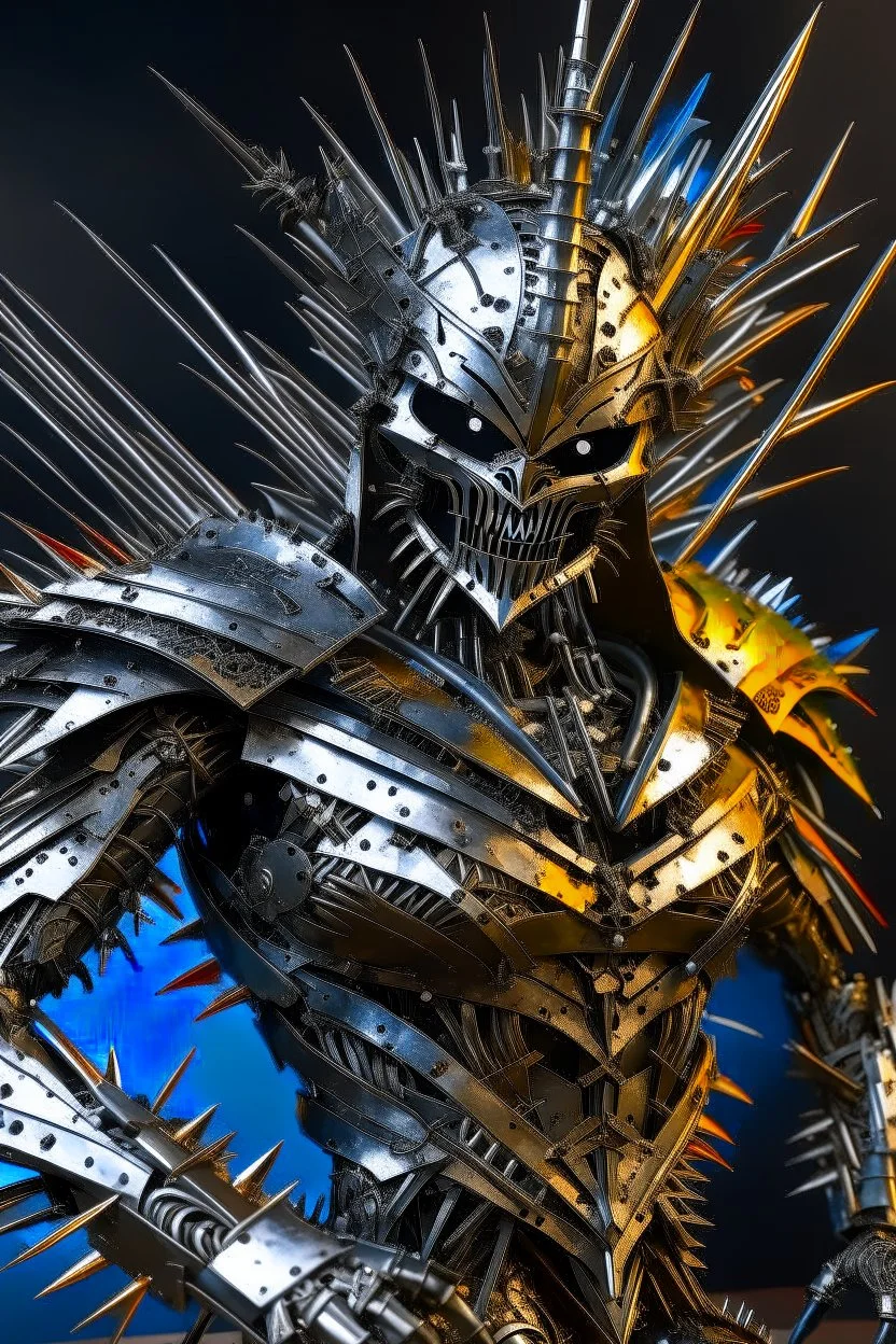 A seemingly sinister humanoid being made entirely of sharpened metal blades and spikes. Photograph.