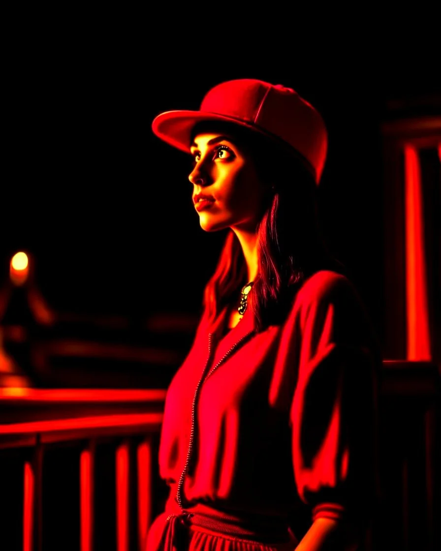 woman with a red baseball hat. leaning on a wooden balcony. night time. fantasy. medieval.