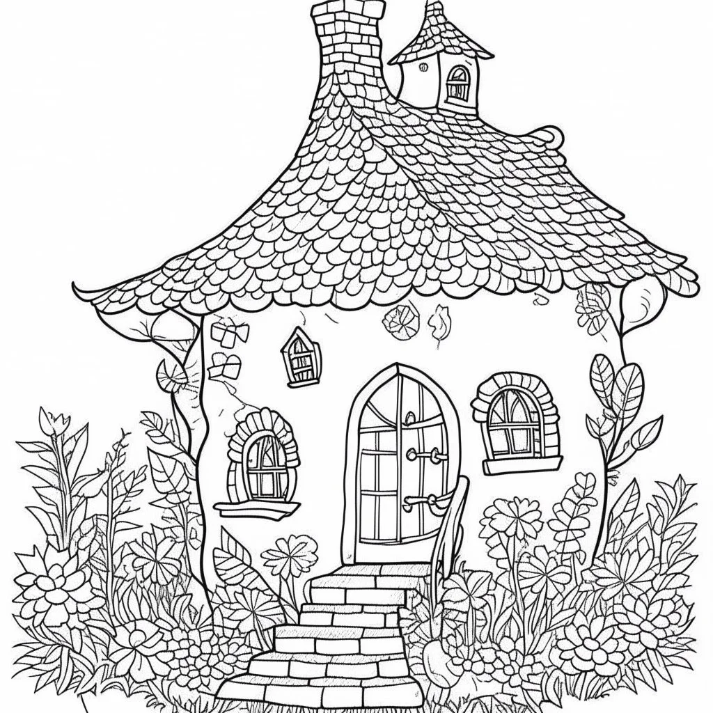 A fairy house Honeybee Cottage, coloring page, exact shape, real image, minimal lines, white back ground color, real style, realistic, minimalistic, minimal black line art, line art, crisp line art, unique coloring sheet, outlined, outline, crisp, crisp line edges, illustration, thin lines, crisp clear lines, line art, clean line art, unique, 8k, no colors, no dark color, no black color, avoid thick black, minimalistic line edges, white back ground,