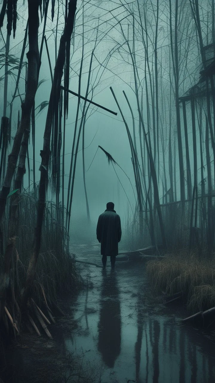 A swamp surrounded by bamboos long trees in cloudy, depressing, foggy, with a dim of light in the distance , on the side an abandoned old house covered with leaves. A back view close look at very tall skinny man in black turn his head to you with open eyes and mouth