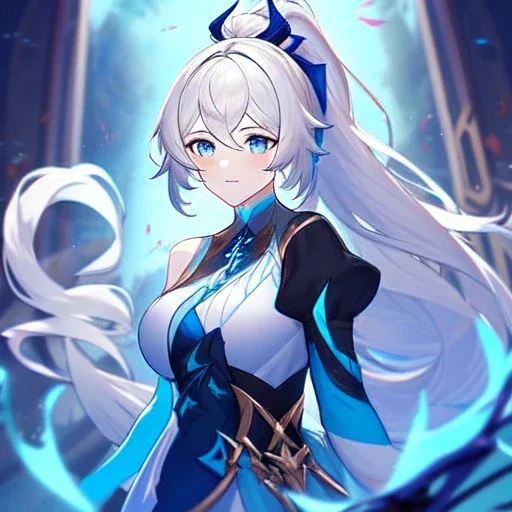 Clear focus, 8k, beautiful lighting, vibrant colors, girl, white long hair, vibrant blue eyes, messy hair, ponytail, honkai impact outfit