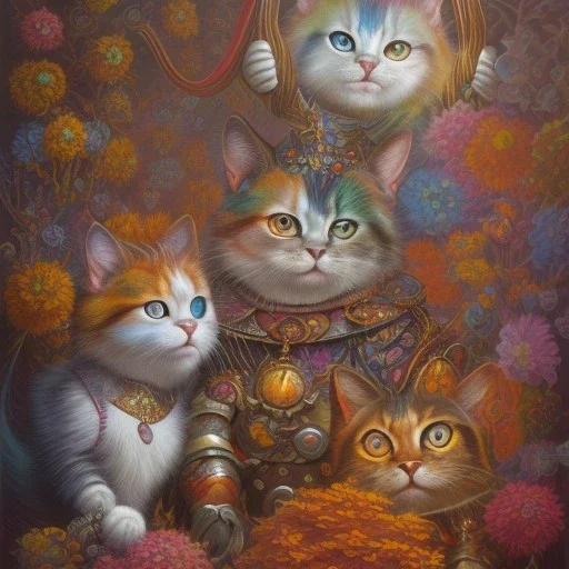 prompt, Fantasy harlequin cats by Louis Wain, by Catherine Abel, by Gediminas Pranckevicius, fantasy, oil on canvas, beautiful, high details, ultra detailed, crisp quality, colourful, high definition