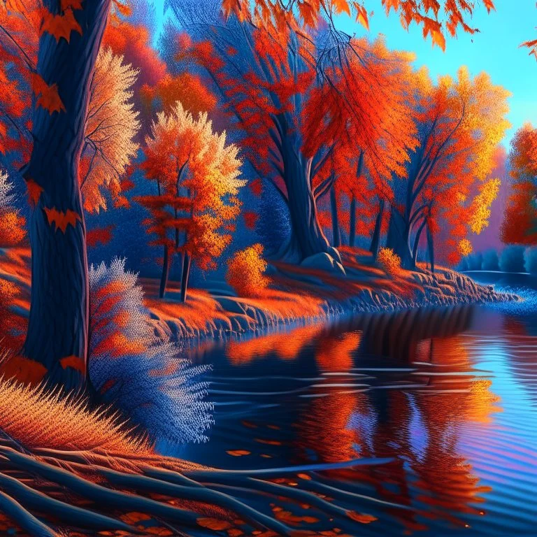 Animated drawing of a hyper-detailed hyper-realistic wolf river trees complementary colors autumn 4k