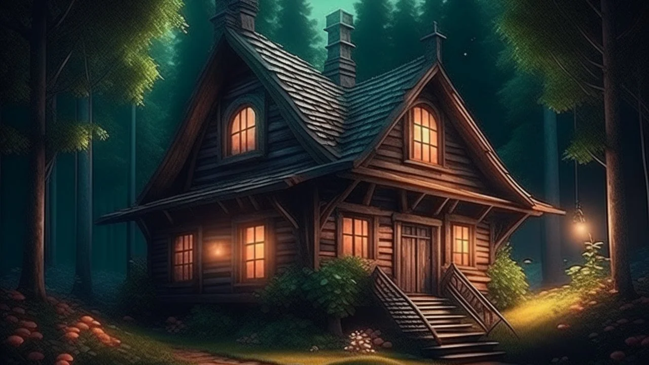 fantasy charming wooden house near a dark forest